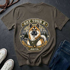 Akita Got Your 6 t-shirt design featuring a tactical distressed badge with Akita portrait and mountain backdrop on Comfort Colors tee in grey