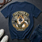 Akita Got Your 6 t-shirt design featuring a tactical distressed badge with Akita portrait and mountain backdrop on Comfort Colors tee in navy