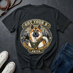 Akita Got Your 6 t-shirt design featuring a tactical distressed badge with Akita portrait and mountain backdrop on Comfort Colors tee in black