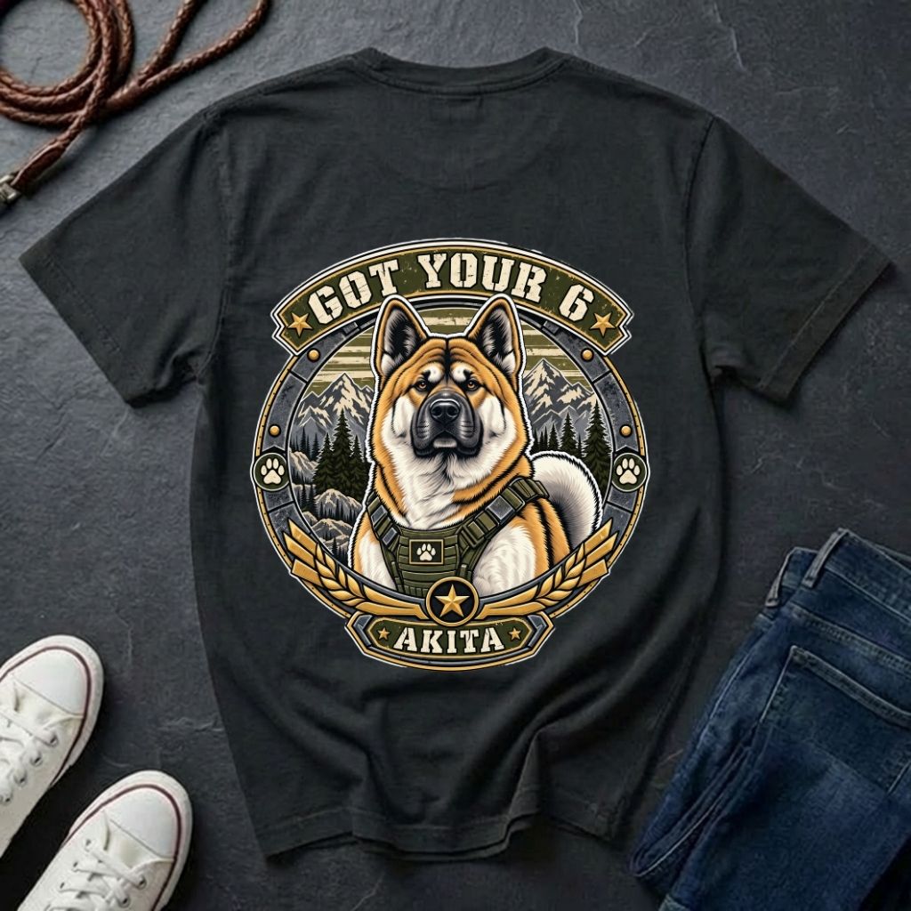 Akita Got Your 6 t-shirt design featuring a tactical distressed badge with Akita portrait and mountain backdrop on Comfort Colors tee in black